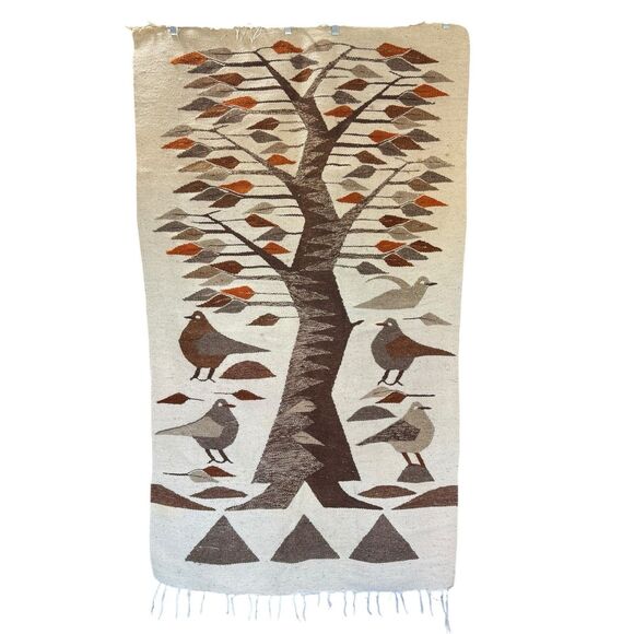 Tree of Life Kilim Birds Rug Wool Tapestry Art Woven Egyptian Pictorial MCM - Picture 2 of 11